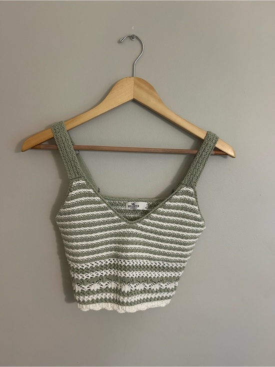 Hollister Tops - Hollister Olive Green & White Striped Crochet Crop Tank
